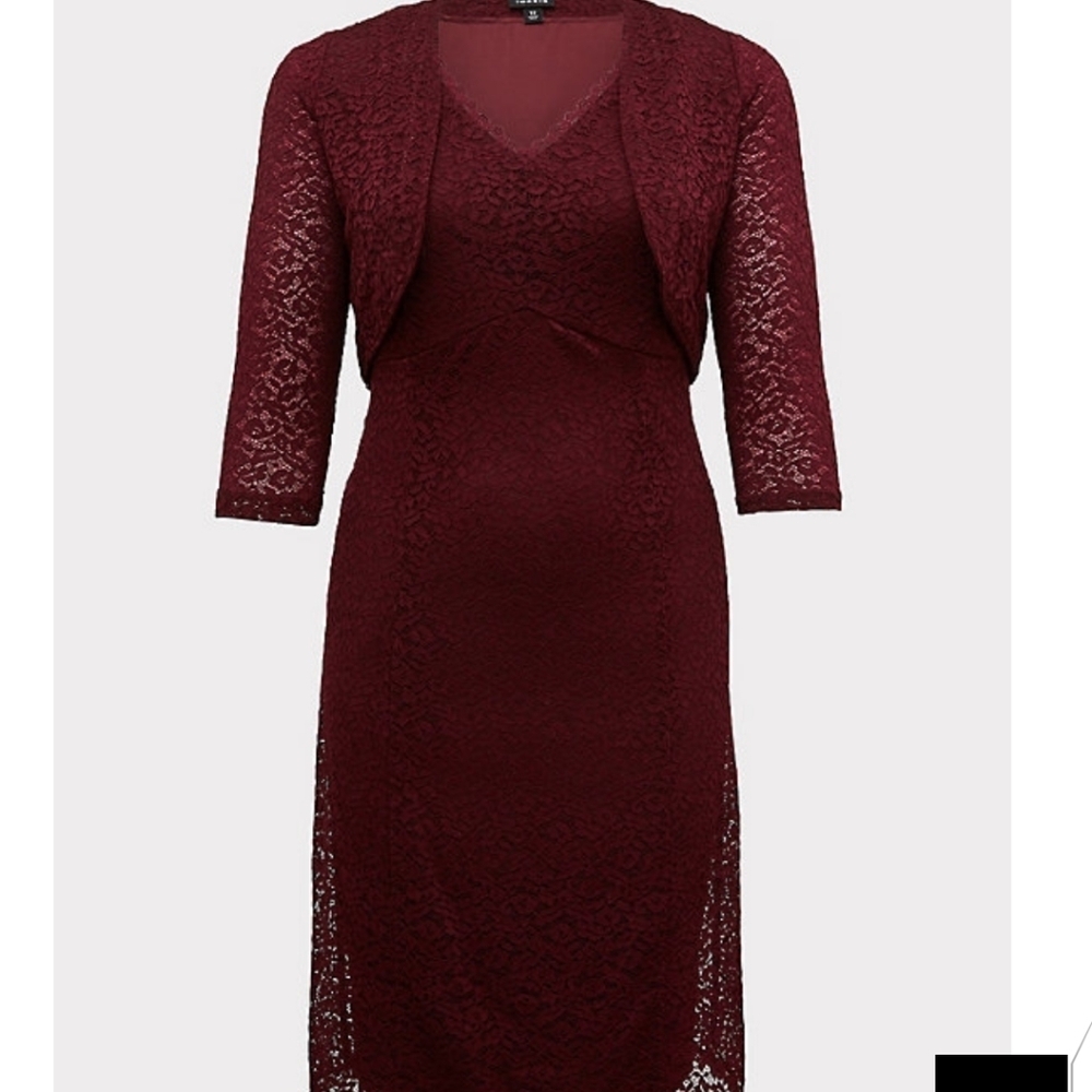 🆕22 W BURGUNDY RED LACE DRESS & SHRUG SET